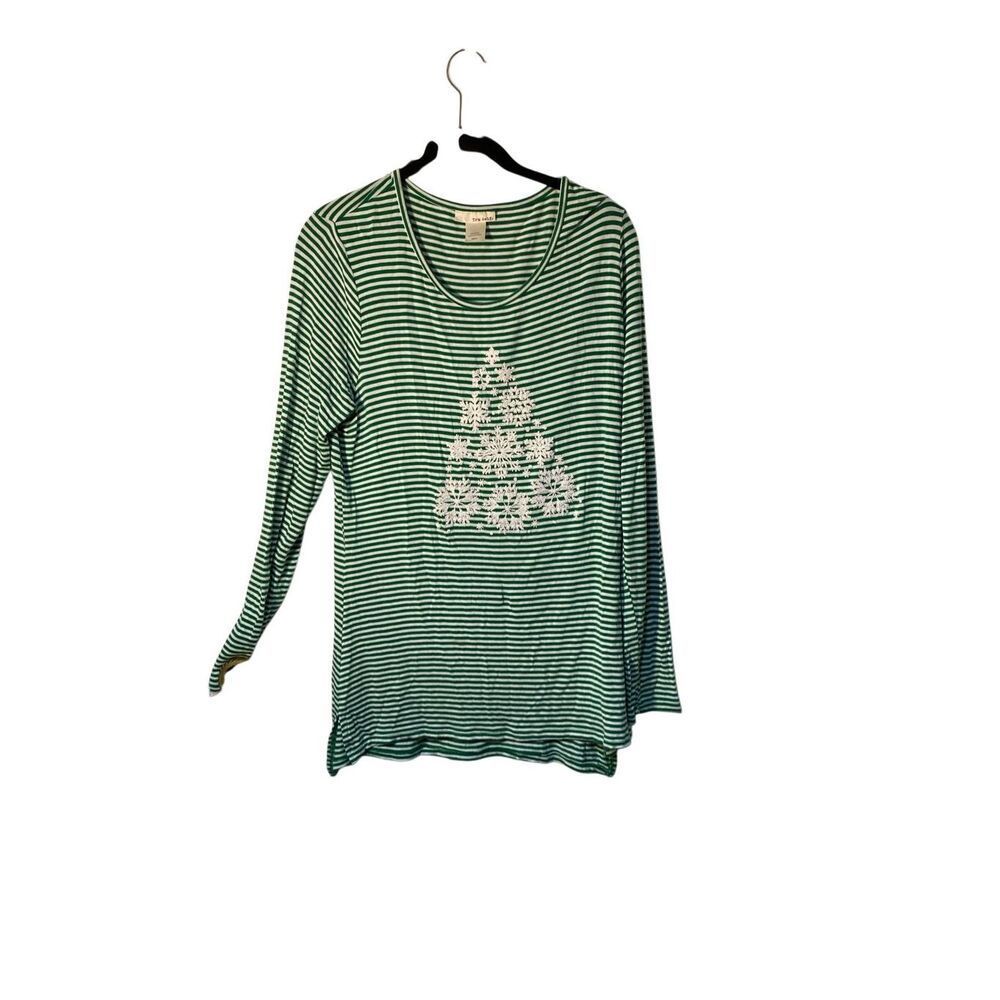 Tru Self Women’s Green And White Striped Christmas Tree T-Shirt Small